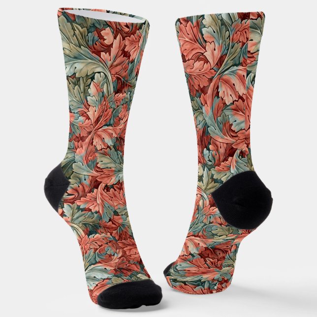 William Morris Acanthus Rust Red Sage Green Socks (Angled)