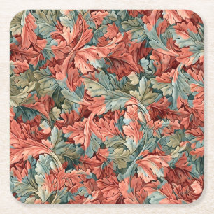 William Morris Acanthus Rust Red Sage Green Square Paper Coaster