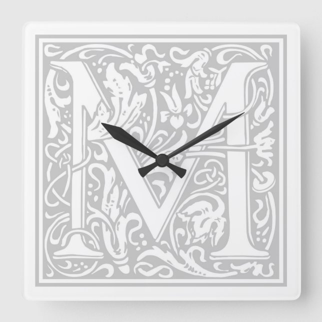 William Morris Alphabet “M” Square Wall Clock (Front)