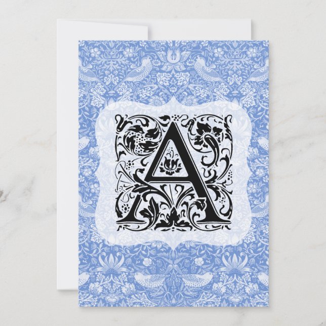 William Morris Alphabet Strawberry Thief Blue Thank You Card (Front)