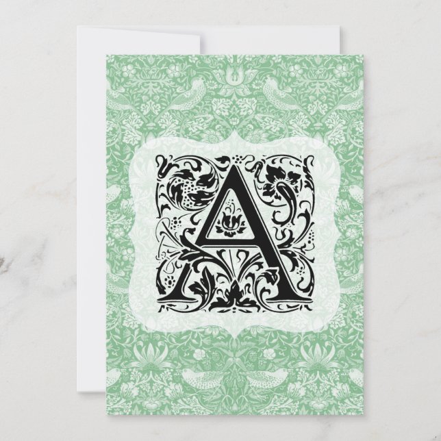 William Morris Alphabet Strawberry Thief Green Thank You Card (Front)