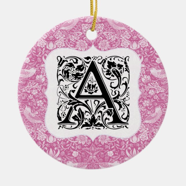 William Morris Alphabet Strawberry Thief Pink Ceramic Tree Decoration (Front)