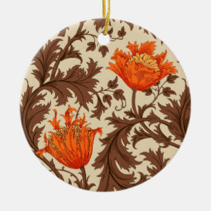 William Morris Anemone, Beige, Brown & Rust Orange Ceramic Tree Decoration