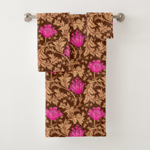William Morris Anemone, Brown and Fuchsia Pink Bath Towel Set