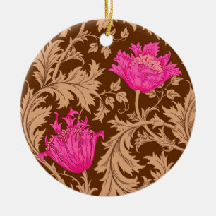 William Morris Anemone, Brown and Fuchsia Pink Ceramic Tree Decoration