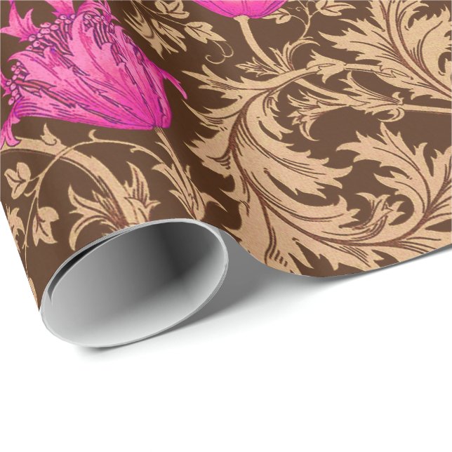 William Morris Anemone, Brown and Fuchsia Pink Wrapping Paper (Roll Corner)