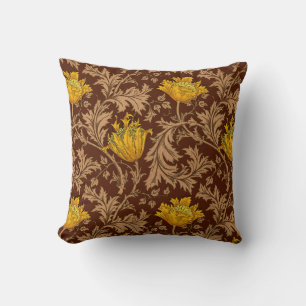 William Morris Anemone, Brown and Mustard Gold Cushion