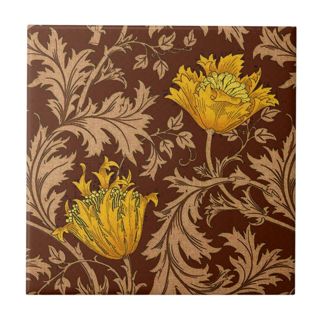 William Morris Anemone, Brown and Mustard Gold Tile (Front)
