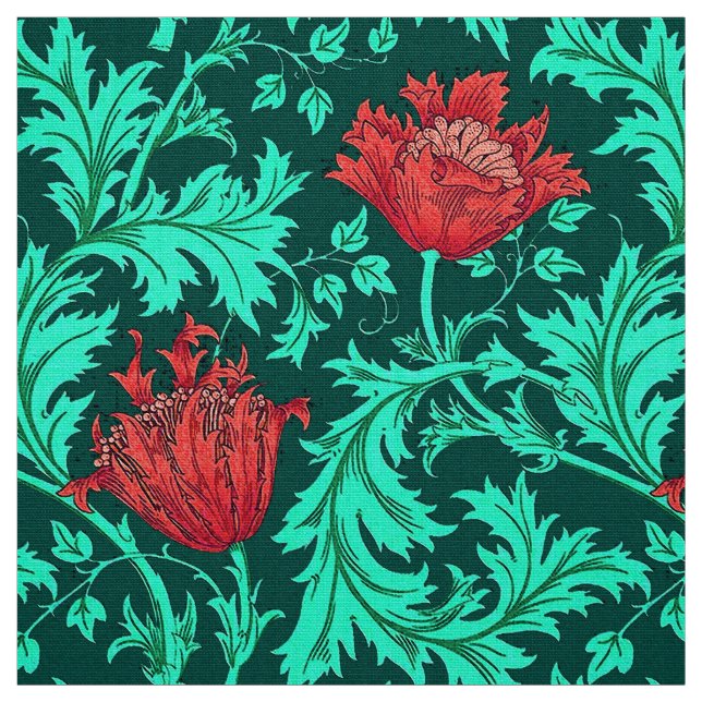 William Morris Anemone, Deep Red and Turquoise Fabric (Swatch)