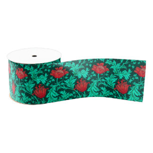 William Morris Anemone, Deep Red and Turquoise Grosgrain Ribbon