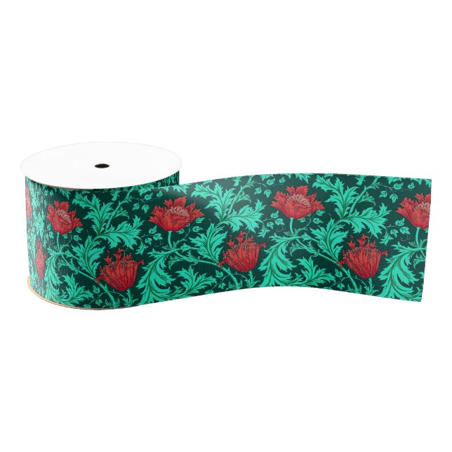 William Morris Anemone, Deep Red and Turquoise Grosgrain Ribbon (Spool)