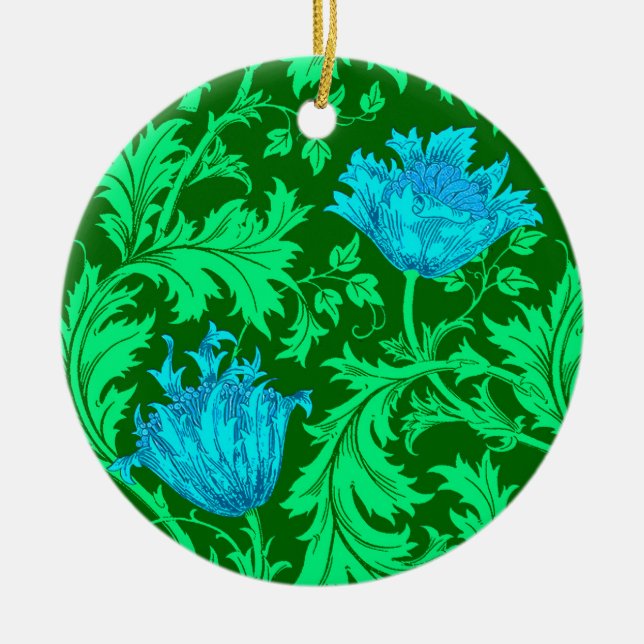 William Morris Anemone, Emerald Green and Blue  Ceramic Tree Decoration (Front)