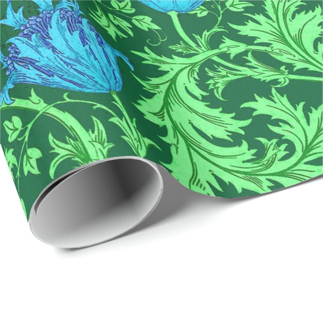 William Morris Anemone, Emerald Green and Blue Wrapping Paper (Roll Corner)