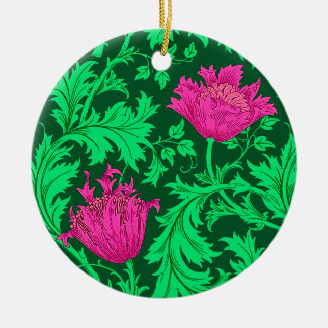 William Morris Anemone, Emerald Green and Fuchsia  Ceramic Tree Decoration (Front)