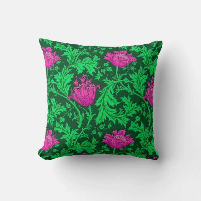 William Morris Anemone, Emerald Green and Fuchsia Cushion (Front)