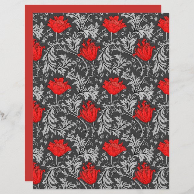 William Morris Anemone, Grey / Grey and Red  (Front/Back)