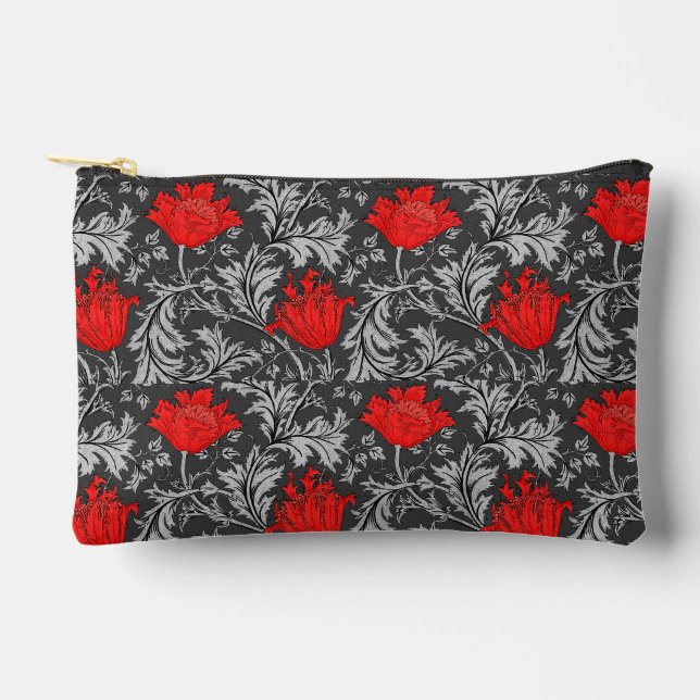 William Morris Anemone, Grey / Grey and Red  Accessory Pouch (Front)