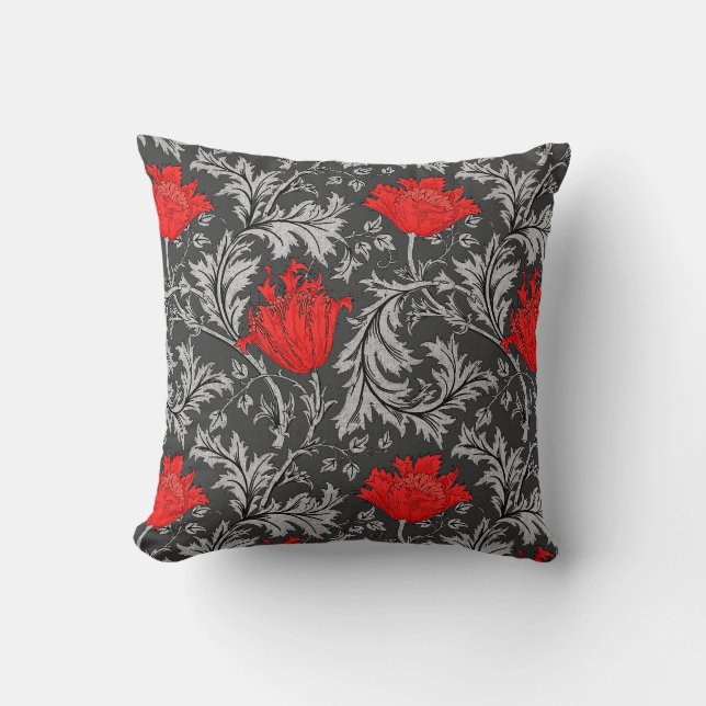 William Morris Anemone, Grey / Grey and Red Cushion (Front)