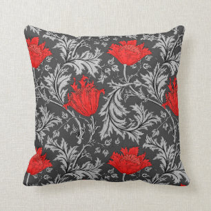 William Morris Anemone, Grey / Grey and Red Cushion