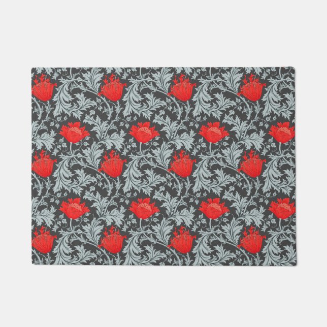 William Morris Anemone, Grey / Grey and Red Doormat (Front)
