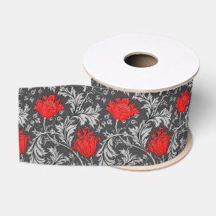 William Morris Anemone, Grey / Grey and Red Grosgrain Ribbon