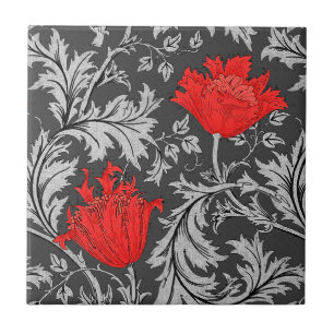 William Morris Anemone, Grey / Grey and Red Tile