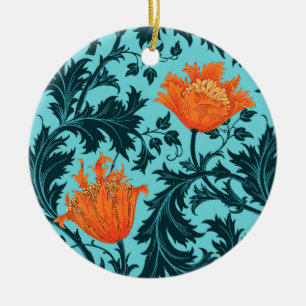 William Morris Anemone, Indigo Blue and Coral   Ceramic Tree Decoration