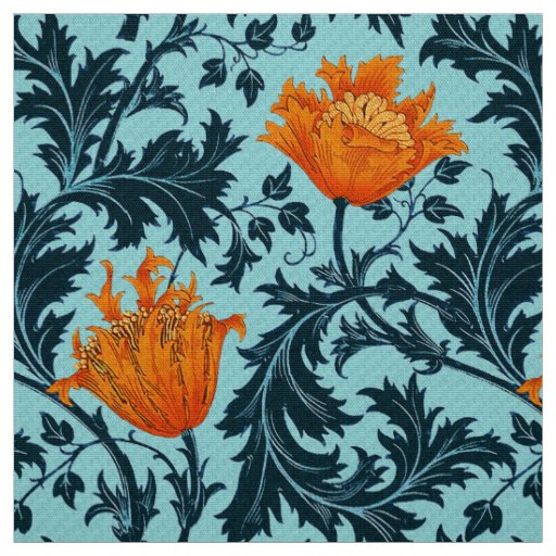 William Morris Anemone, Indigo Blue and Coral Fabric