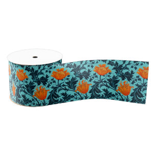 William Morris Anemone, Indigo Blue and Coral Grosgrain Ribbon