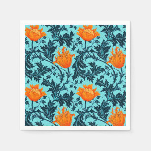 William Morris Anemone, Indigo Blue and Coral Napkin
