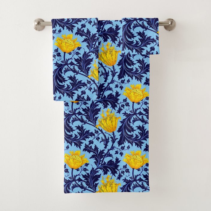 William Morris Anemone, Navy and Mustard Yellow Bath Towel Set Zazzle