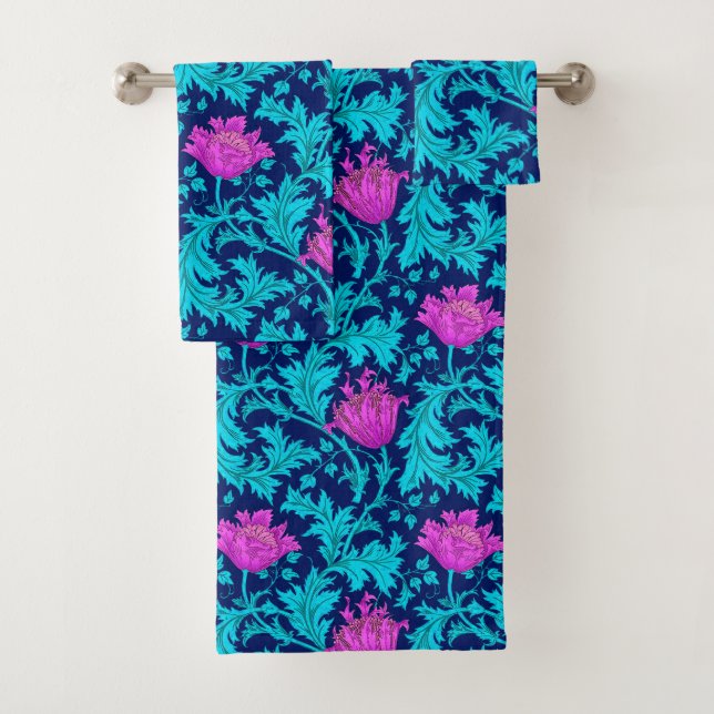 William Morris Anemone, Navy, Turquoise & Magenta Bath Towel Set (Insitu)