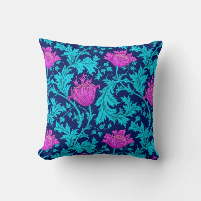 William Morris Anemone, Navy, Turquoise & Magenta Cushion (Front)