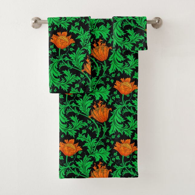William Morris Anemone, Orange, Green and Black Bath Towel Set (Insitu)
