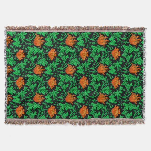 William Morris Anemone, Orange, Green and Black Throw Blanket (Front)