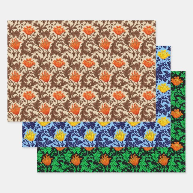 William Morris Anemone, Rust, Gold, Black Wrapping Paper Sheet (Set)