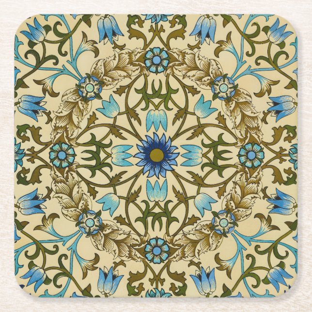 William Morris Antique 1873 Vine & Floral Pattern Square Paper Coaster (Front)