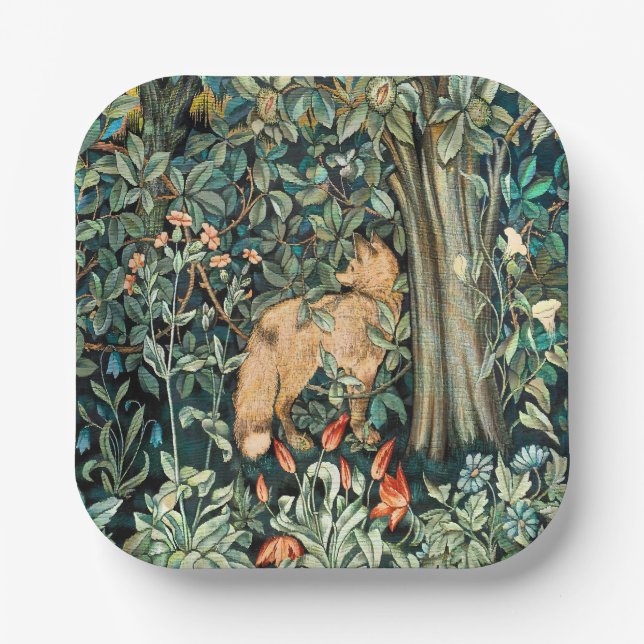 William Morris Antique Fox Forest Tapestry Art Paper Plate (Front)