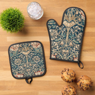 William Morris Antique Honeysuckle Floral Oven Mitt & Pot Holder Set