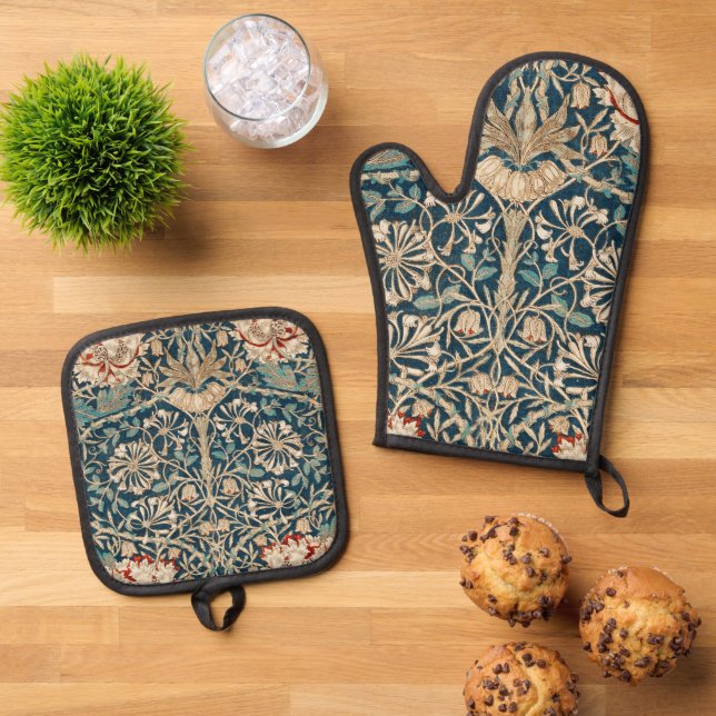 William Morris Antique Honeysuckle Floral Oven Mitt & Pot Holder Set (Top Down)