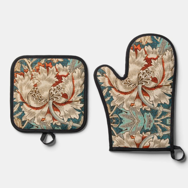 William Morris Antique Honeysuckle Floral Pattern Oven Mitt & Pot Holder Set (Front)