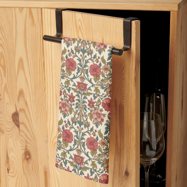 William Morris Antique Honeysuckle Floral Pattern Tea Towel (Thirds Fold)