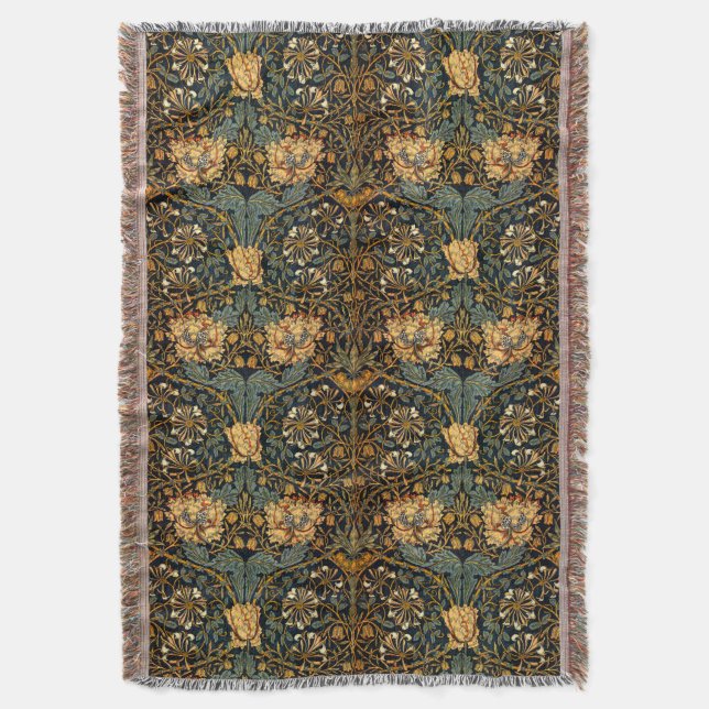 William Morris Antique Honeysuckle Floral Pattern Throw Blanket (Front Vertical)