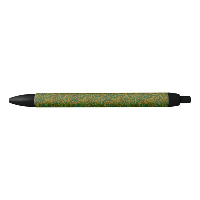 William Morris Arcadia Floral Pattern Green Golden Black Ink Pen (Front)