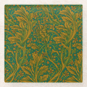 William Morris Arcadia Floral Pattern Green Golden Glass Coaster