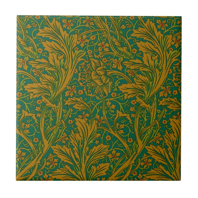 William Morris Arcadia Floral Pattern Green Golden Tile (Front)
