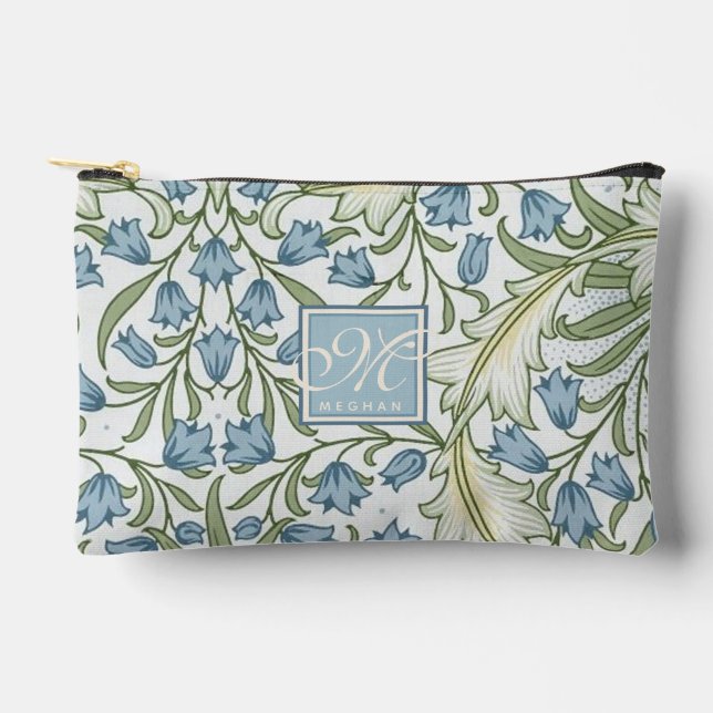 William Morris Art Nouveau Blue Bellfower Monogram Accessory Pouch (Front)