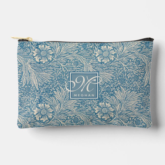 William Morris, Art Nouveau Blue Marigold Monogram Accessory Pouch (Front)