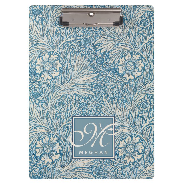 William Morris, Art Nouveau Blue Marigold Monogram Clipboard (Front)