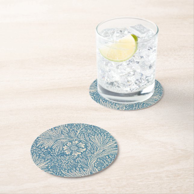 William Morris - Art Nouveau Blue Marigold Round Paper Coaster (Insitu)